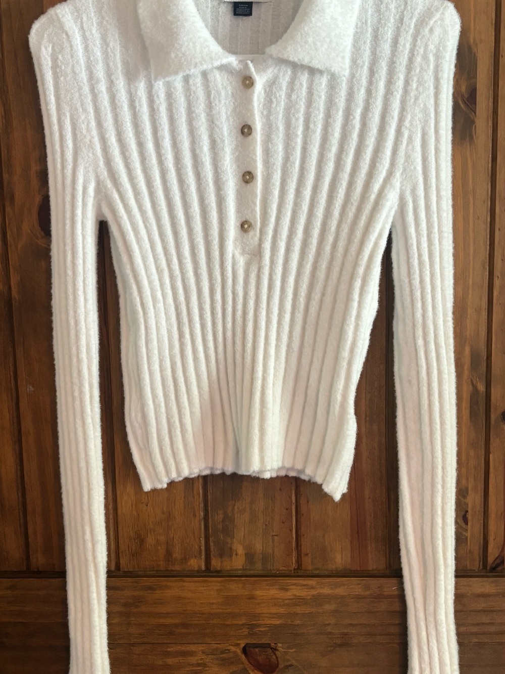 American Eagle White Ribbed Fuzzy Cropped Polo Sweater Long Sleeve Womens Small - Picture 3 of 9